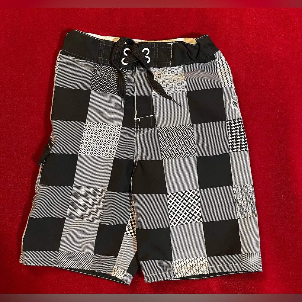 Micros Boy's Adjustable Waist Black & White Plaid Swimming Shorts Size: 4